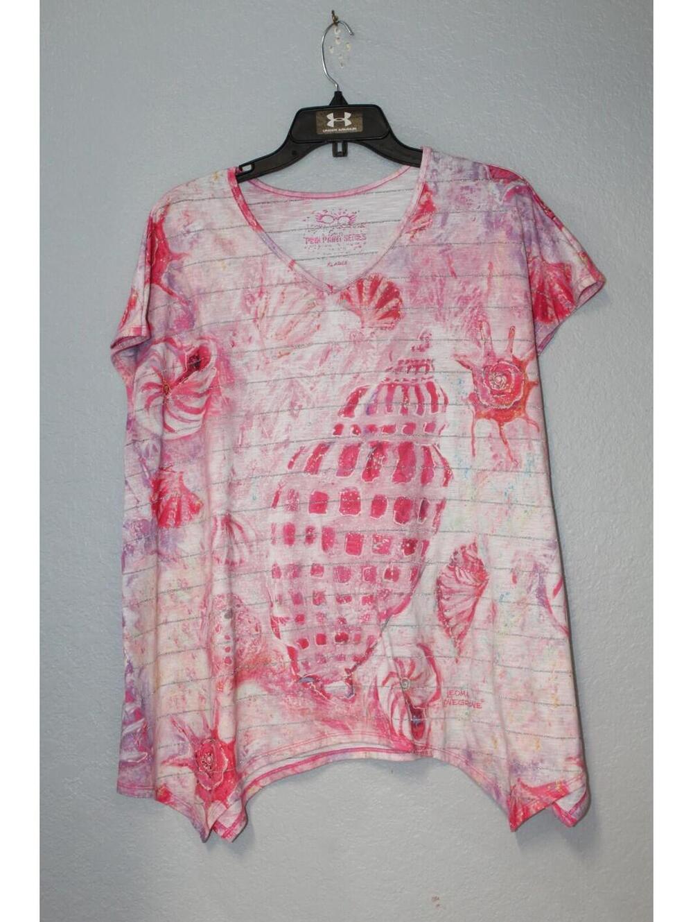 Leoma Lovegrove Tunic Top Women's XL Asymmetrical Pink Series Print Short Sleeve